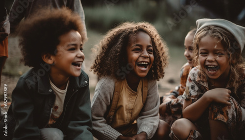 A group of smiling children enjoying playful togetherness outdoors generated by AI