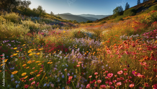 Vibrant colors of wildflowers in tranquil meadow at dusk generated by AI