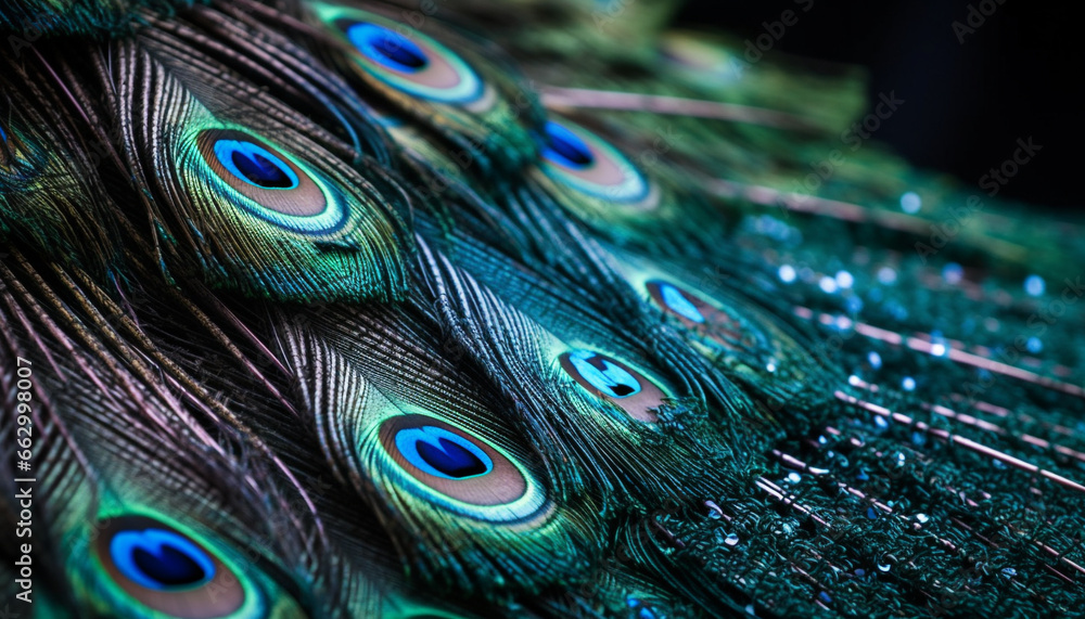 Vibrant peacock tail showcases iridescent, multi colored feathers in nature beauty generated by AI - obrazy, fototapety, plakaty 