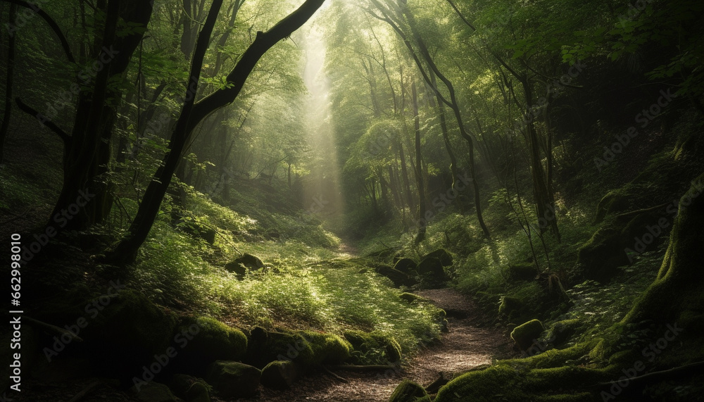 Tranquil scene of a mysterious forest with fog and greenery generated by AI