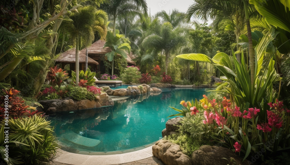 Tropical plant landscape with palm trees, blue pond, and blossoming flowers generated by AI