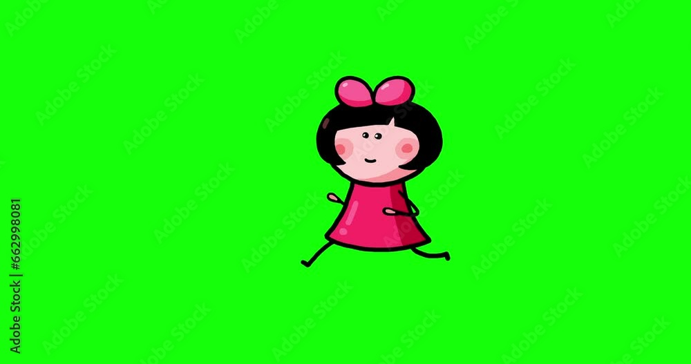 Cartoon pink kid character moves Kasia isolated stand run stop. Moving child serie transparent greenbox. Useful content presenter no background.