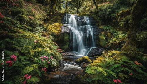 Tranquil scene of flowing water in tropical rainforest adventure tourism generated by AI