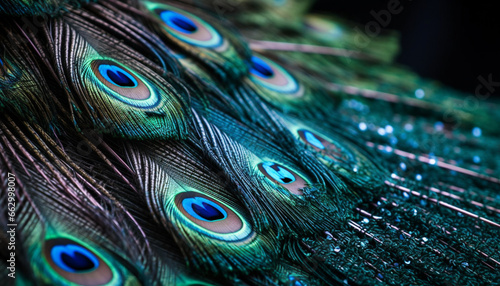 Vibrant peacock tail showcases iridescent, multi colored feathers in nature beauty generated by AI