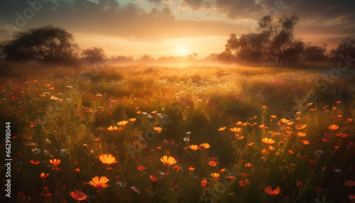 Vibrant wildflowers bloom in tranquil meadow at sunrise  autumn season generated by AI