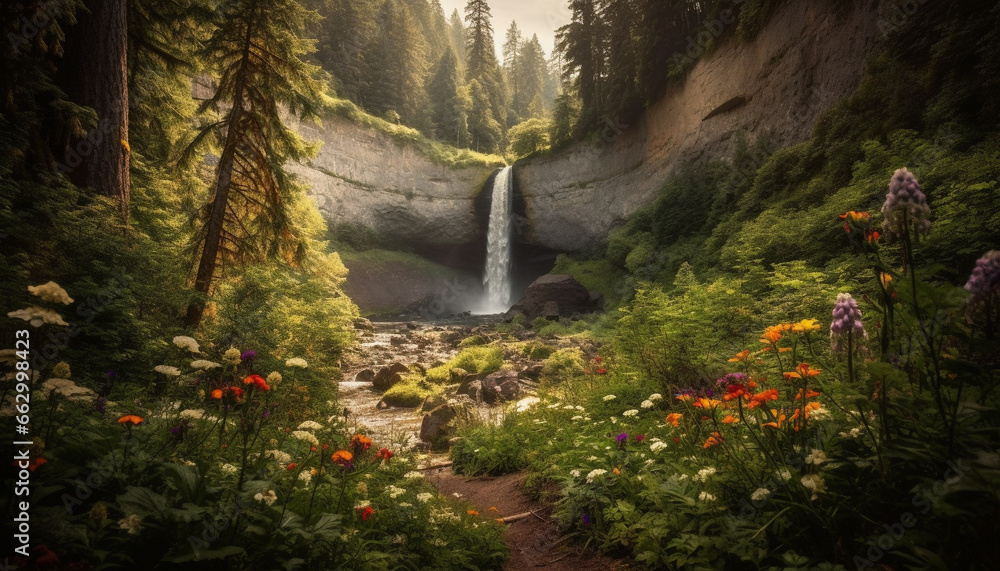 Tranquil scene of green foliage and water fall generated by AI Tranquil scene of green foliage and water fall generated by AI