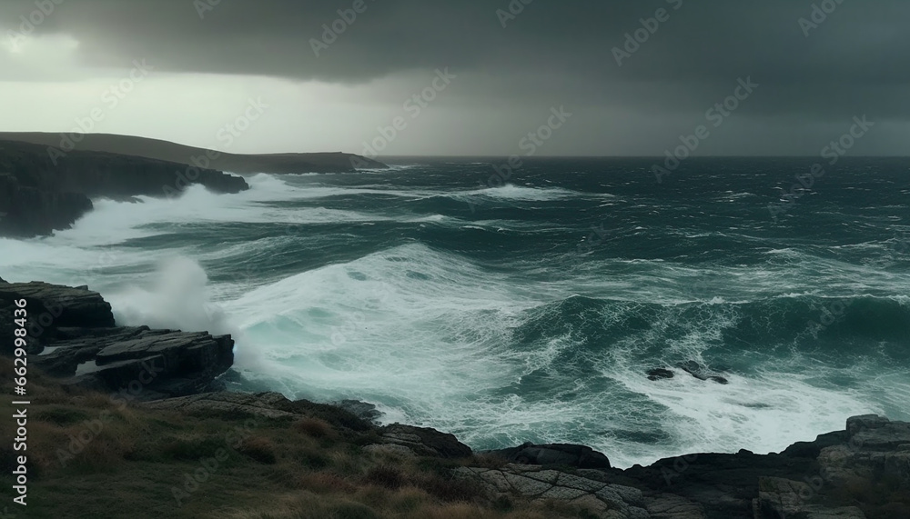Breaking waves crash against rocky coastline, creating dramatic seascape generated by AI
