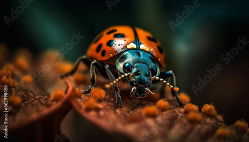 Spotted ladybug crawls on green leaf in selective focus macro generated by AI