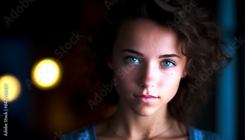 Beautiful young woman exudes confidence and elegance in headshot portrait generated by AI © djvstock