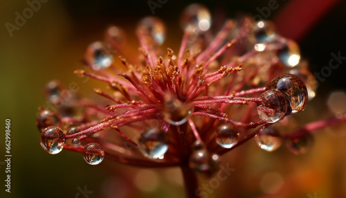 Transparent dew drops on pink petals, nature fragile beauty generated by AI