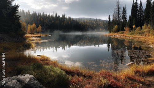 Tranquil scene of autumn forest with mountain reflection in pond generated by AI © djvstock