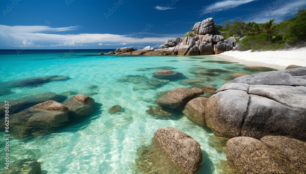 Tranquil seascape, turquoise waters, granite cliff, tropical paradise vacation destination generated by AI