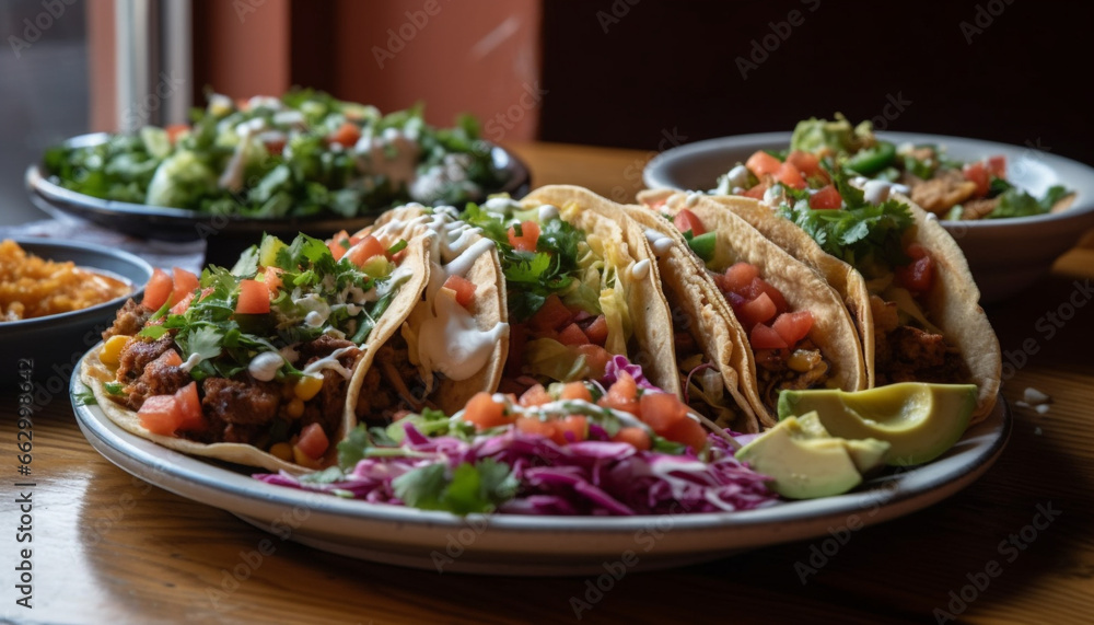 Grilled beef taco with guacamole, fresh cilantro, and spicy jalapeno generated by AI Grilled beef taco with guacamole, fresh cilantro, and spicy jalapeno generated by AI