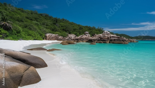 Idyllic tropical coastline  tranquil waters edge  beauty in nature landscape generated by AI