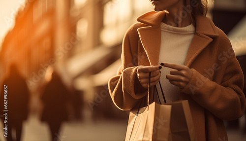 Young woman smiling, holding bag, enjoying shopping in city store generated by AI