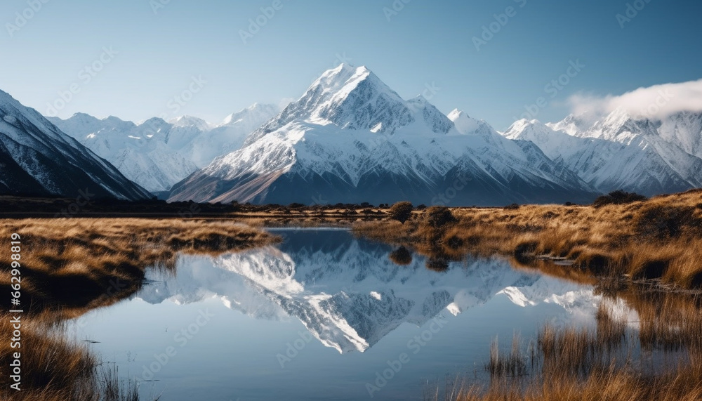 Tranquil scene of majestic mountain range reflected in icy water generated by AI