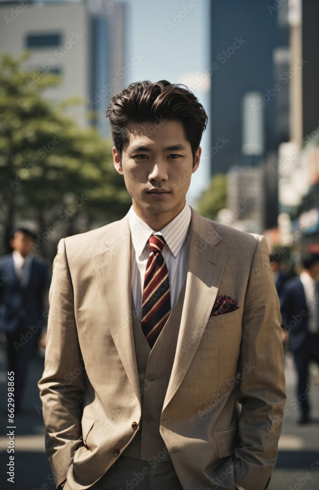 young Japanese man in a suit on the streets of Tokyo young Japanese man in a suit on the streets of Tokyo