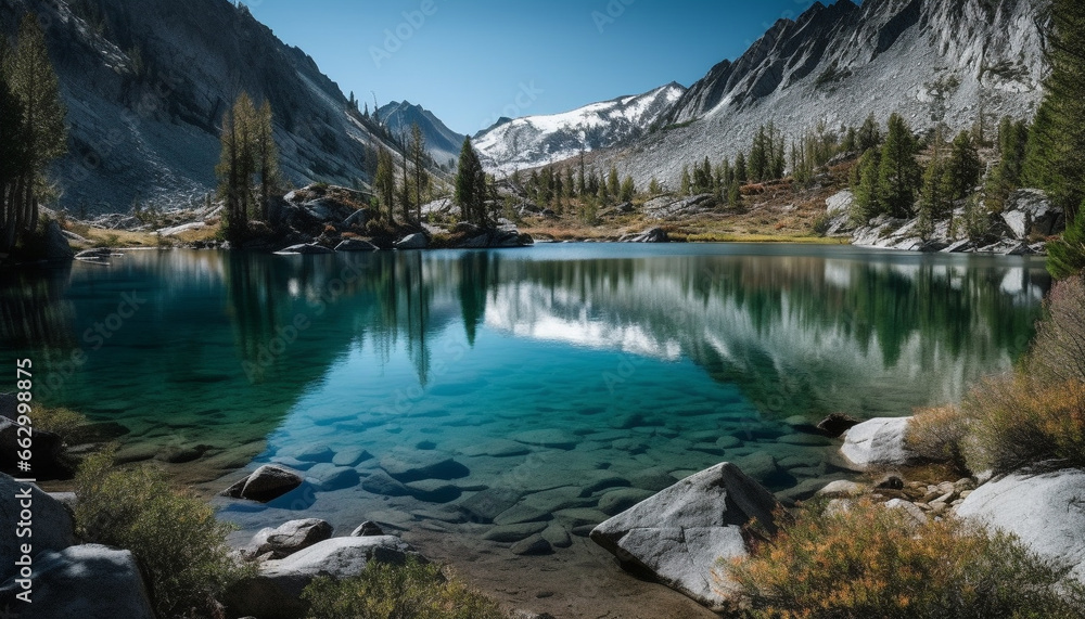 Majestic mountain range reflects tranquil scene of beauty in nature generated by AI Majestic mountain range reflects tranquil scene of beauty in nature generated by AI