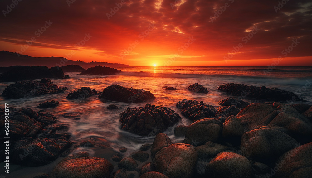 Obraz premium Tranquil sunset over rocky coastline, reflecting beauty in nature generated by AI
