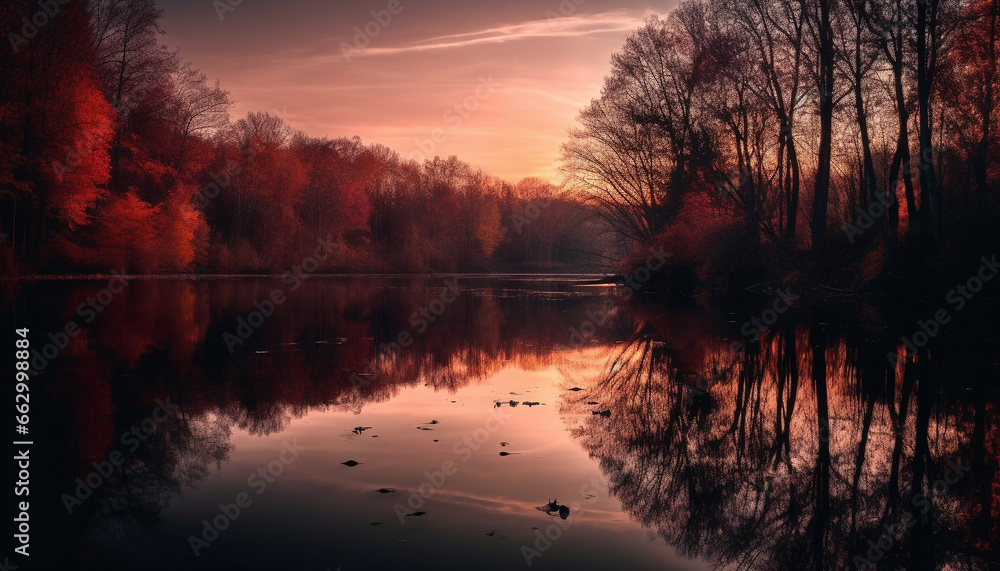 Tranquil scene of a forest pond at dusk reflects beauty generated by AI