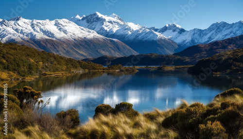 Panoramic mountain range reflects tranquil beauty in nature landscape generated by AI © djvstock