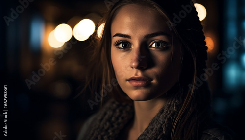 Beautiful young woman with brown hair looking confidently at camera generated by AI © djvstock
