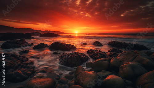 Tranquil sunset over rocky coastline, reflecting beauty in nature generated by AI © djvstock