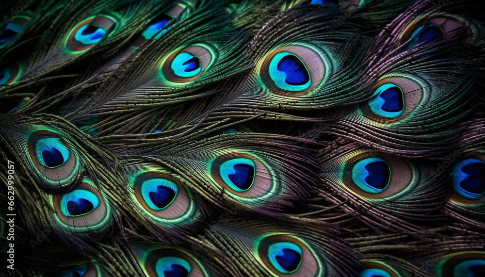Obraz premium Vibrant peacock feathers showcase elegance and beauty in nature design generated by AI