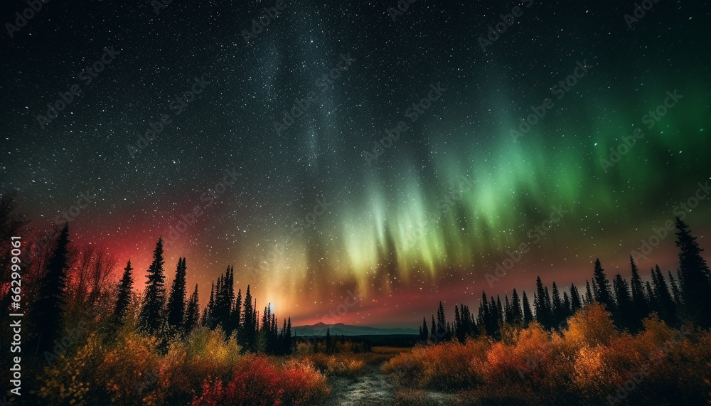 Fototapeta premium Silhouette of majestic mountain range illuminated by vibrant star field generated by AI