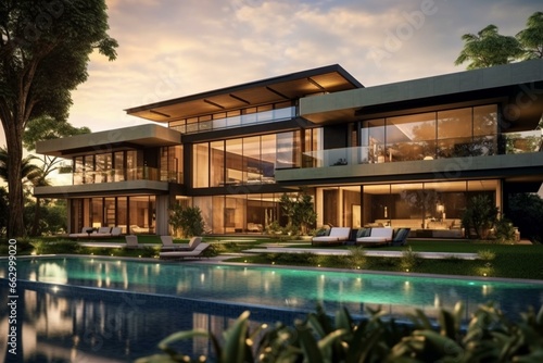 Contemporary mansion featuring a spacious garden, pool, and outdoor lifestyle, boasting privacy and tranquility. Generative AI © Isannah