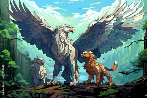 Loyal griffins, majestic creatures with the body of a lion and the wings of an eagle - Generative AI photo