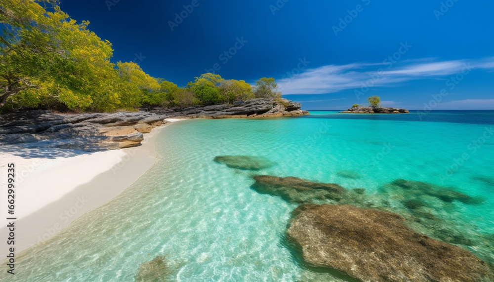 Tranquil Caribbean sunset, turquoise waters, idyllic vacation destination generated by AI