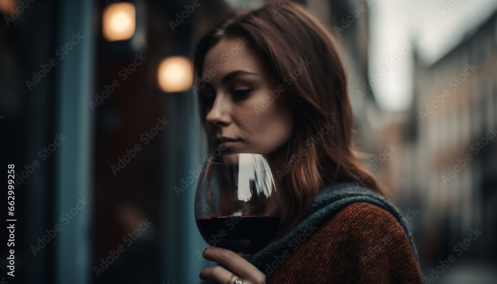 Beautiful young woman enjoys wine at city bar, smiling happily generated by AI