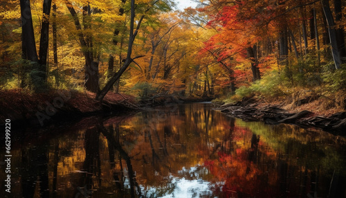 Tranquil autumn forest reflects vibrant colors of nature beauty generated by AI