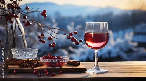 Hot mulled red wine in a glass with a sprig of viburnum in a vase and cinnamon on a wooden table against the background of snowy hills in winter