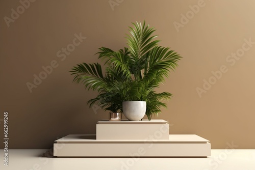 Podium with plant for displaying products. Generative AI