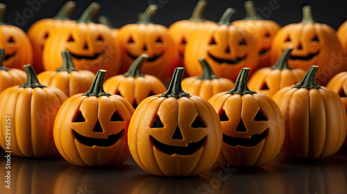 Halloween pumpkins with carved faces with small pumpkins on dark background