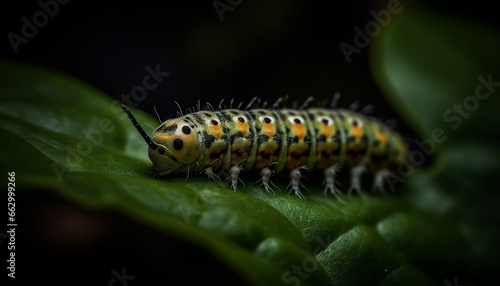 Green caterpillar crawls on leaf, magnified beauty in nature generated by AI © djvstock