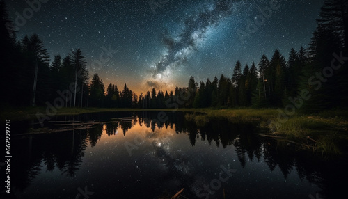 Tranquil scene of majestic mountain range under starry sky generated by AI