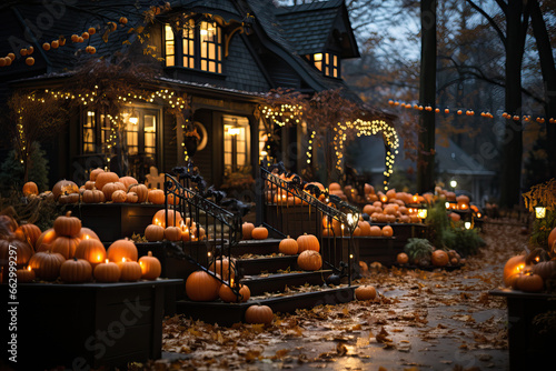 Halloween-style front yard leads guests to country house decorated with pumpkins, everything is ready for festive party