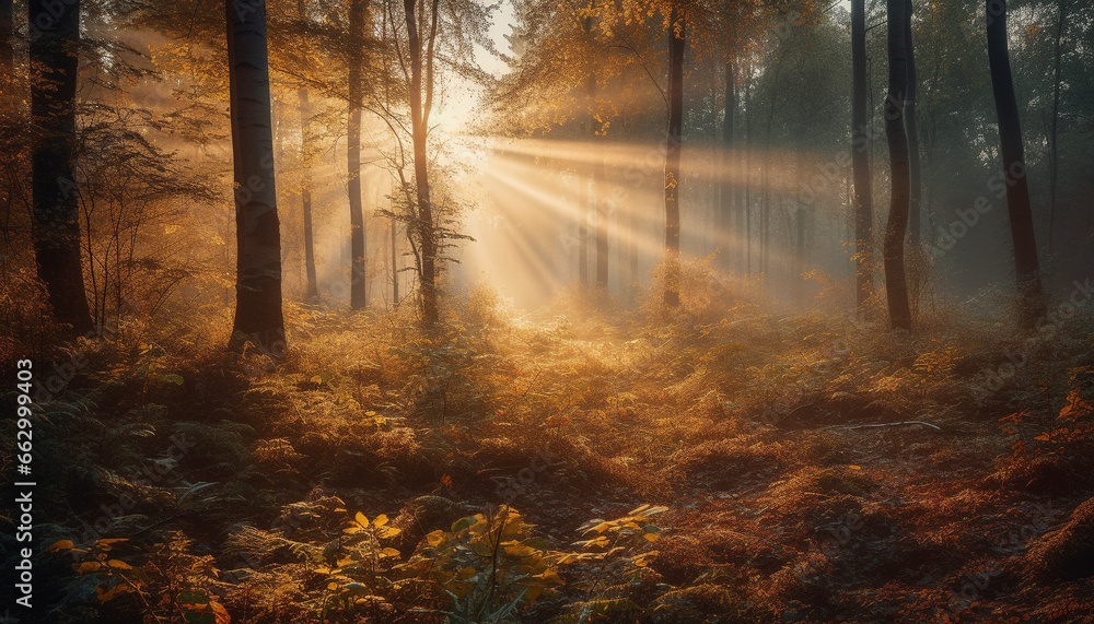 Autumn forest mystery vibrant colors, spooky fog, and bright sunlight generated by AI