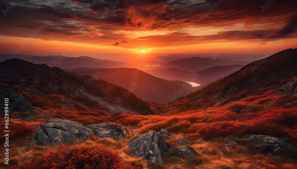 Idyllic mountain meadow, majestic peak, tranquil sunset, nature beauty generated by AI
