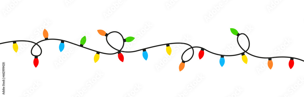 Christmas colored lights isolated on white background. Bright colored garland lights decoration. Glowing light bulb for Christmas cards, banners, posters, web. Vector illustration. - obrazy, fototapety, plakaty 