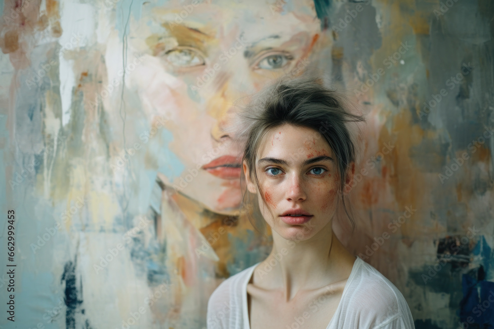 Fototapeta premium Woman posing next to an oil painting of a self-portrait