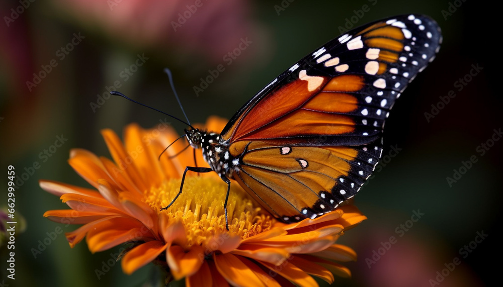 Fototapeta premium Vibrant monarch butterfly pollinates single flower in natural elegance generated by AI