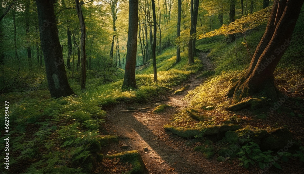 Obraz premium Tranquil footpath winds through vibrant autumn forest, a nature adventure generated by AI
