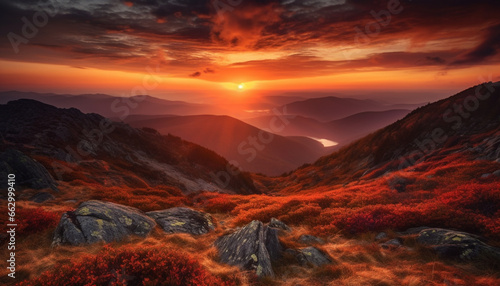 Idyllic mountain meadow, majestic peak, tranquil sunset, nature beauty generated by AI