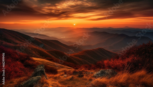 Majestic mountain peak, panoramic landscape, tranquil meadow, orange sunset generated by AI