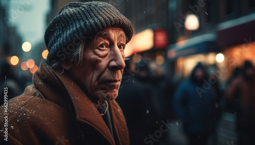Senior men walking in winter city, wearing warm clothing and cap generated by AI © djvstock