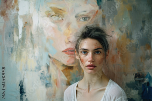 Woman posing next to an oil painting of a self-portrait